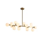 Full white background view of the 16-light gold linear chandelier with milk white glass globes.