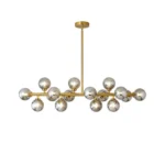 Full view of the 16-light linear globe chandelier in gold finish with smoky grey glass globes for modern interiors.