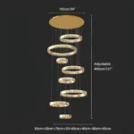 Technical drawing showing dimensions and 157-inch adjustable cable for the 8-tier Gold Crystal Chandelier.
