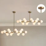 Demonstration of the adjustable rod lengths for the linear pendant light, showing different hanging heights.