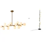 Matching home lighting set featuring a gold linear chandelier and a modern globe floor lamp.