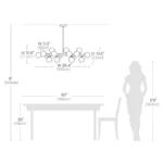 Size guide for a 39.4-inch linear chandelier installed over a 63-inch dining table in a room with 8-foot ceilings.