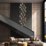 Long chandelier for high ceilings over contemporary staircase decor
