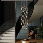 Spiral crystal chandelier in a modern home entryway and hallway