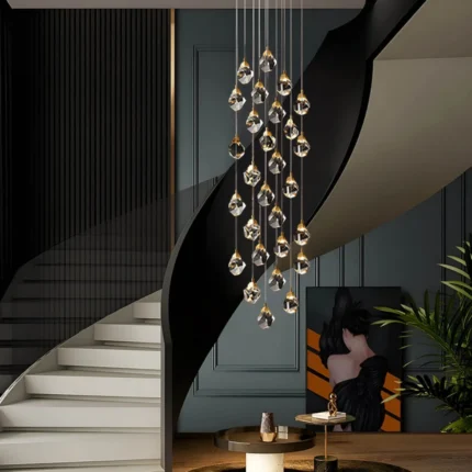 Spiral crystal chandelier in a modern home entryway and hallway