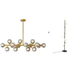 Modern lighting collection with a smoky grey glass linear chandelier and coordinating gold floor lamp.