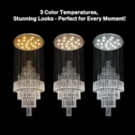 Luxury raindrop crystal chandelier illuminating a contemporary spiral staircase interior.