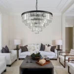 5 Tier Crystal Chandelier with Black Finish over Dining Table
