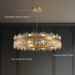 Adjustable hanging height and premium metal frame specifications for the crystal chandelier.