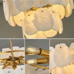 Detailed hardware view of alabaster chandelier E12 bulb sockets and luxury gold frame