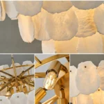 Internal metal structure and crystal clear natural alabaster panels of the chandelier