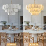 Natural Spanish alabaster chandelier on and off lighting effect comparison with warm glow