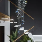 Cascading butterfly crystal lighting fixture perfectly scaled for a multi-story staircase.