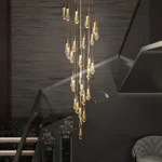 Contemporary spiral raindrop chandelier with multiple glass pendants for high ceiling lighting and modern duplex apartments