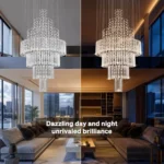 Comparison of crystal chandelier brilliance and light refraction during day and night settings.