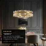 Verified customer review showing the transformative effect of the gold crystal chandelier.