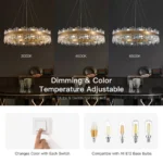 Guide for dimmable crystal chandelier showing 3000K, 4500K, and 6500K color temperatures and E12 bulb compatibility.
