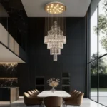 Extra large 6-tier raindrop crystal chandelier scaled for a luxury grand dining room.