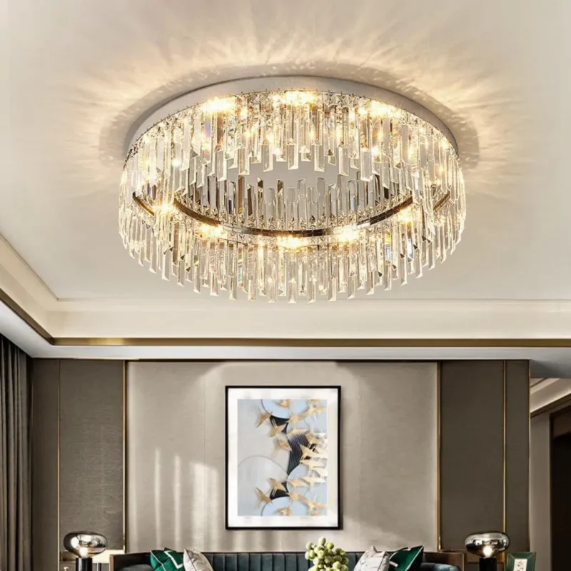 Flush Mount Chandelier with Irregular Crystals in Modern Living Room
