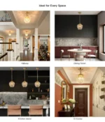 Collage showing the gold crystal chandelier applied in hallway, dining room, kitchen island, and entryway.
