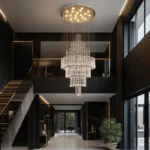 Grand entryway raindrop crystal chandelier with polished chrome canopy for high ceiling homes.