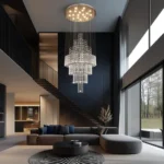 Large crystal waterfall chandelier hanging in a modern open-concept living room with high ceilings.