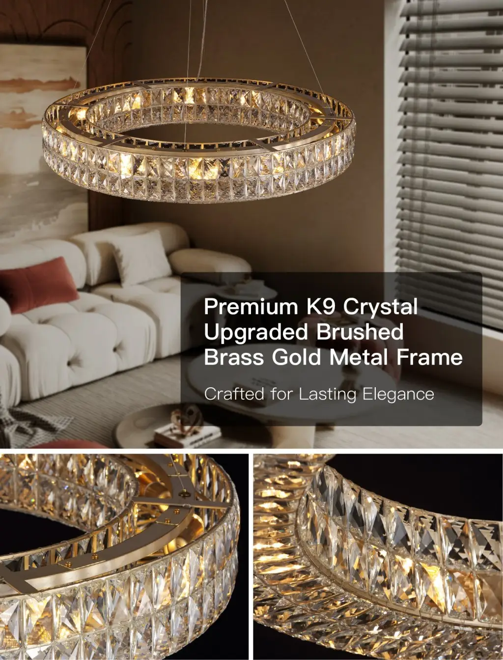 Premium K9 Crystal and Brushed Brass Metal Frame Material Summary