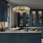 Large Crystal Chandelier as Elegant Lighting Above a Kitchen Island
