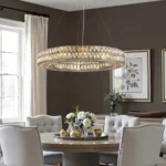 Large Crystal Chandelier Enhancing a Luxury Dining Room with Warm Glow
