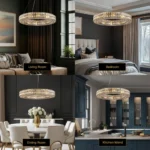 Large Crystal Chandelier Displayed in Living Room Dining Room and Bedroom