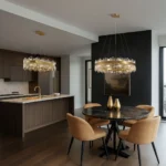 Large scale brass and crystal chandeliers creating a cohesive luxury look in a spacious home.