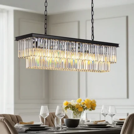 Modern Linear Crystal Chandelier with Black Frame for Dining Room