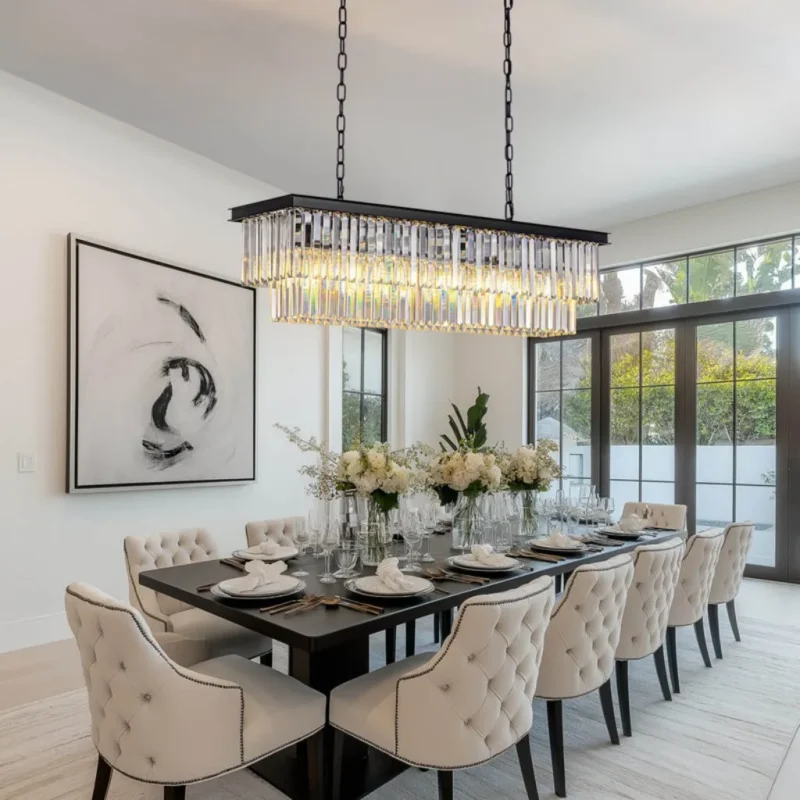Contemporary Linear Crystal Chandelier in a Large Open Dining Space