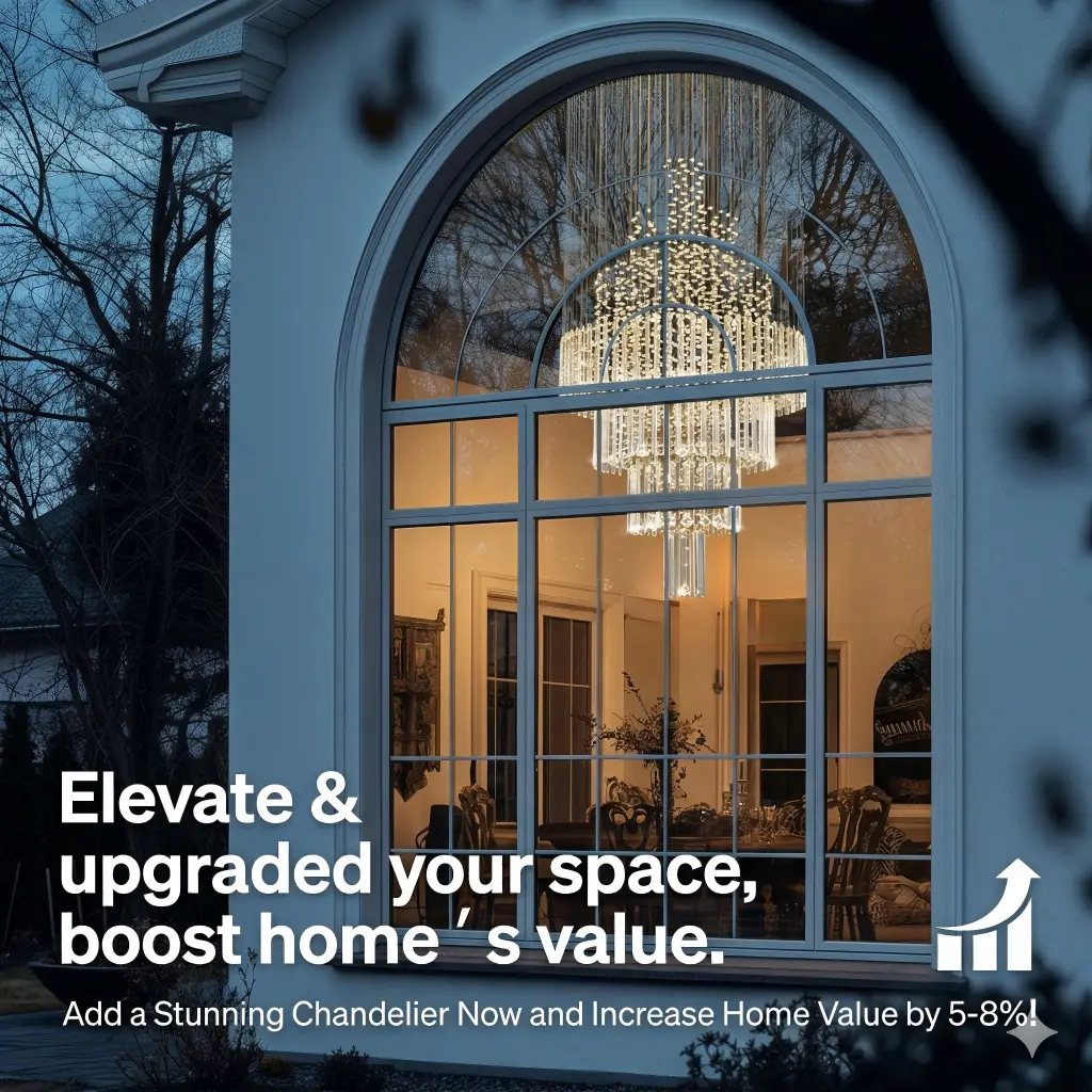 A stunning modern crystal chandelier visible through a grand arched window, increasing home property value.