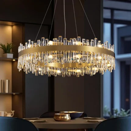 Luxury K9 crystal drum pendant light in a contemporary dark-themed dining room.