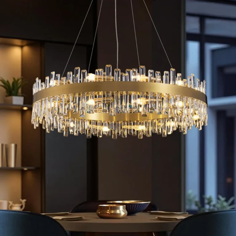 Luxury K9 crystal drum pendant light in a contemporary dark-themed dining room.