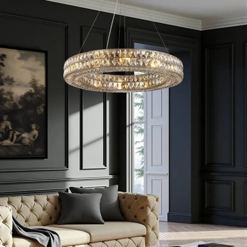 Luxury Round Crystal Chandelier Creating a Focal Point in a Living Area