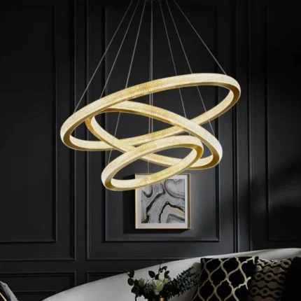 Minimalist LED Ring Chandelier on Dark Accent Wall