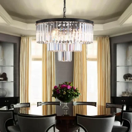 Modern Black Chandelier with 3 Tier Crystal Fringe for Dining Room