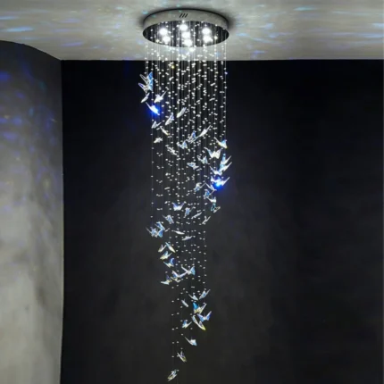 Butterfly Chandelier Installation in High Ceiling Stairwell