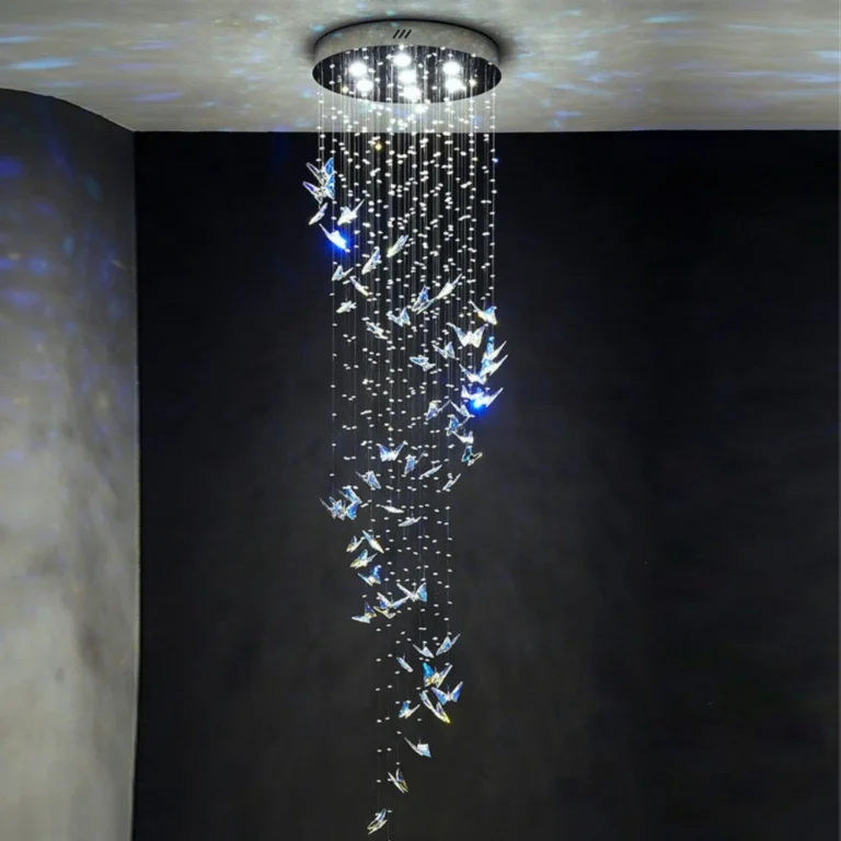 Butterfly Chandelier Installation in High Ceiling Stairwell