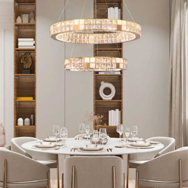 Gold Modern Chandeliers for Foyer Styled Over a Contemporary Round Dining Table