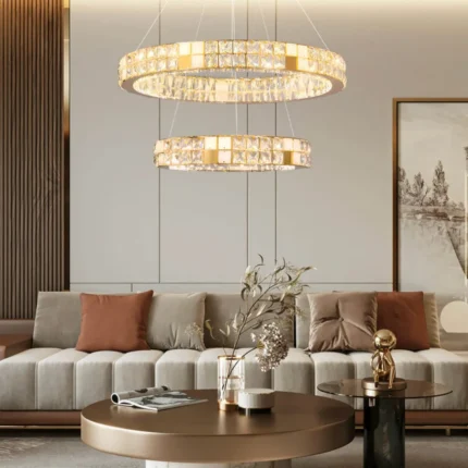 Modern Chandeliers for Foyer Featuring a Gold 2-Ring Tiered Crystal Design