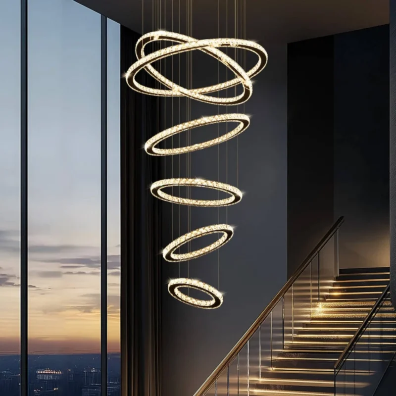 Modern Chandelier for High Ceiling 5-Ring Stunning Crystal