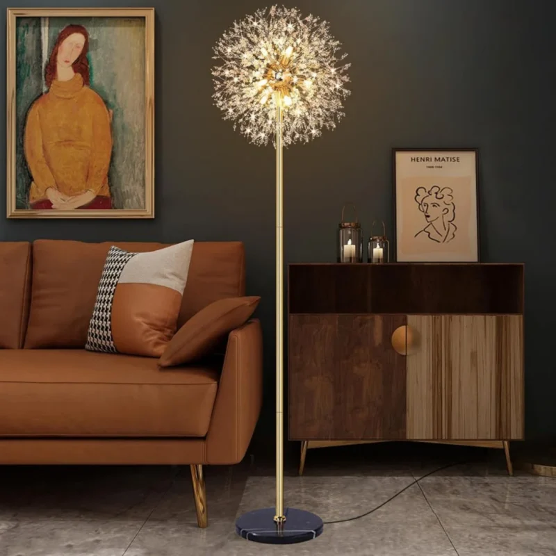 Modern Crystal Floor Lamp in Champagne Gold with Dandelion Sputnik Design