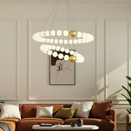 Modern Gold Chandelier with 2-Tier Pearl Ring Spiral Design in Living Room