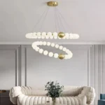 Modern Gold Chandelier Featuring Spiral Pearl Rings and Warm LED Light