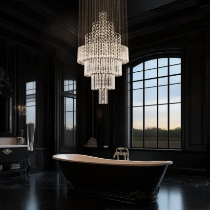 Elegant raindrop crystal chandelier installed as a statement piece in a luxury master bathroom.