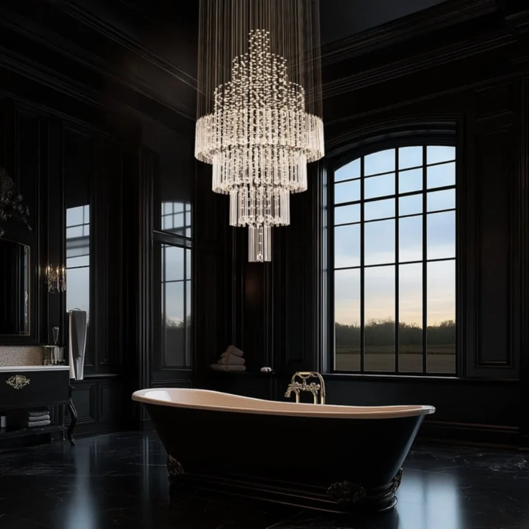 Elegant raindrop crystal chandelier installed as a statement piece in a luxury master bathroom.