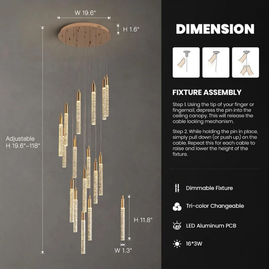 Modern Staircase Chandelier Assembly and Cable Locking Guide
